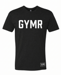 Black t-shirt with 'GYMR' printed on it against a white background