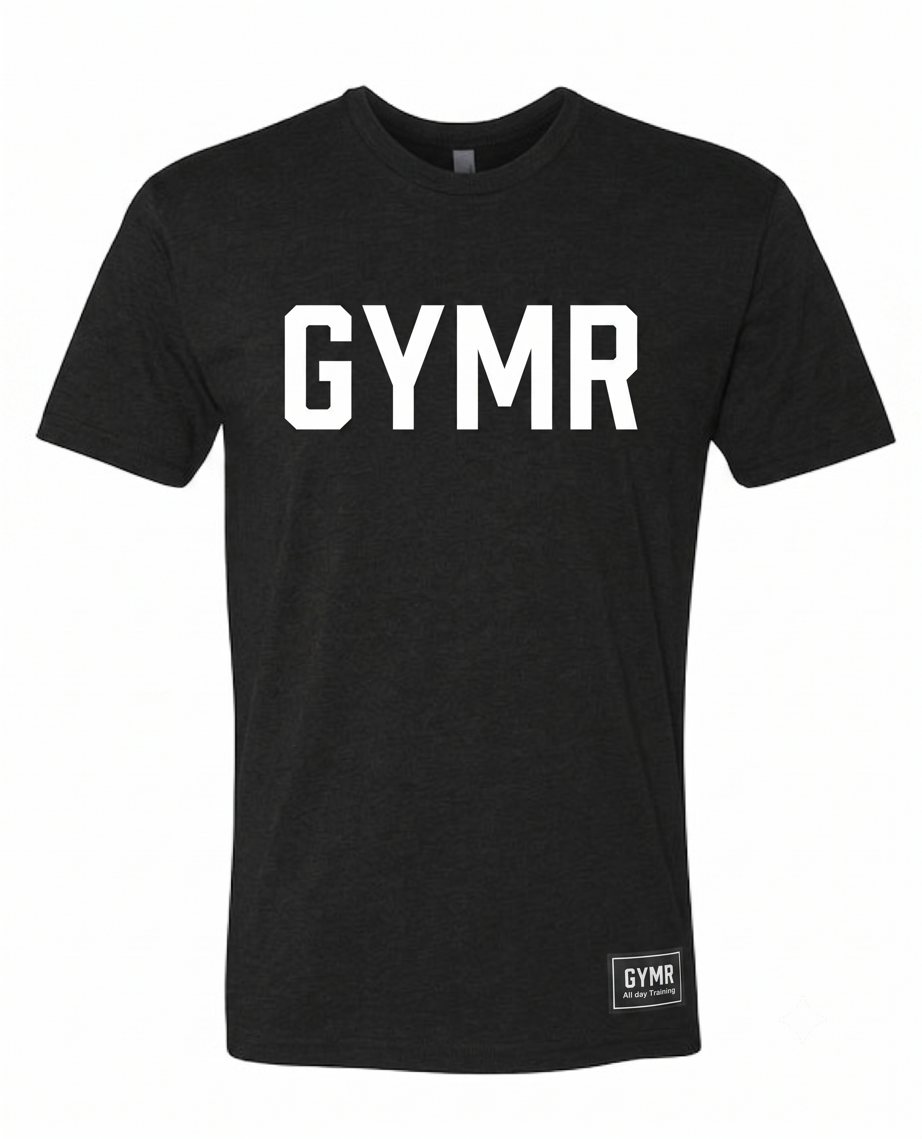 Black t-shirt with 'GYMR' printed on it against a white background