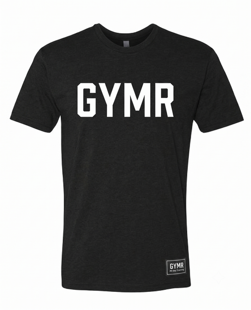 Black t-shirt with 'GYMR' printed on it against a white background