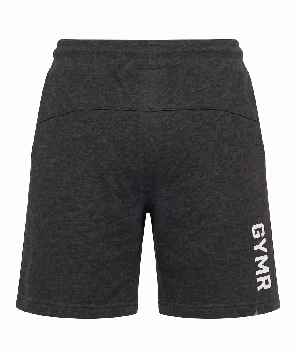 Black gym shorts with 'GYMR' branding on a white background