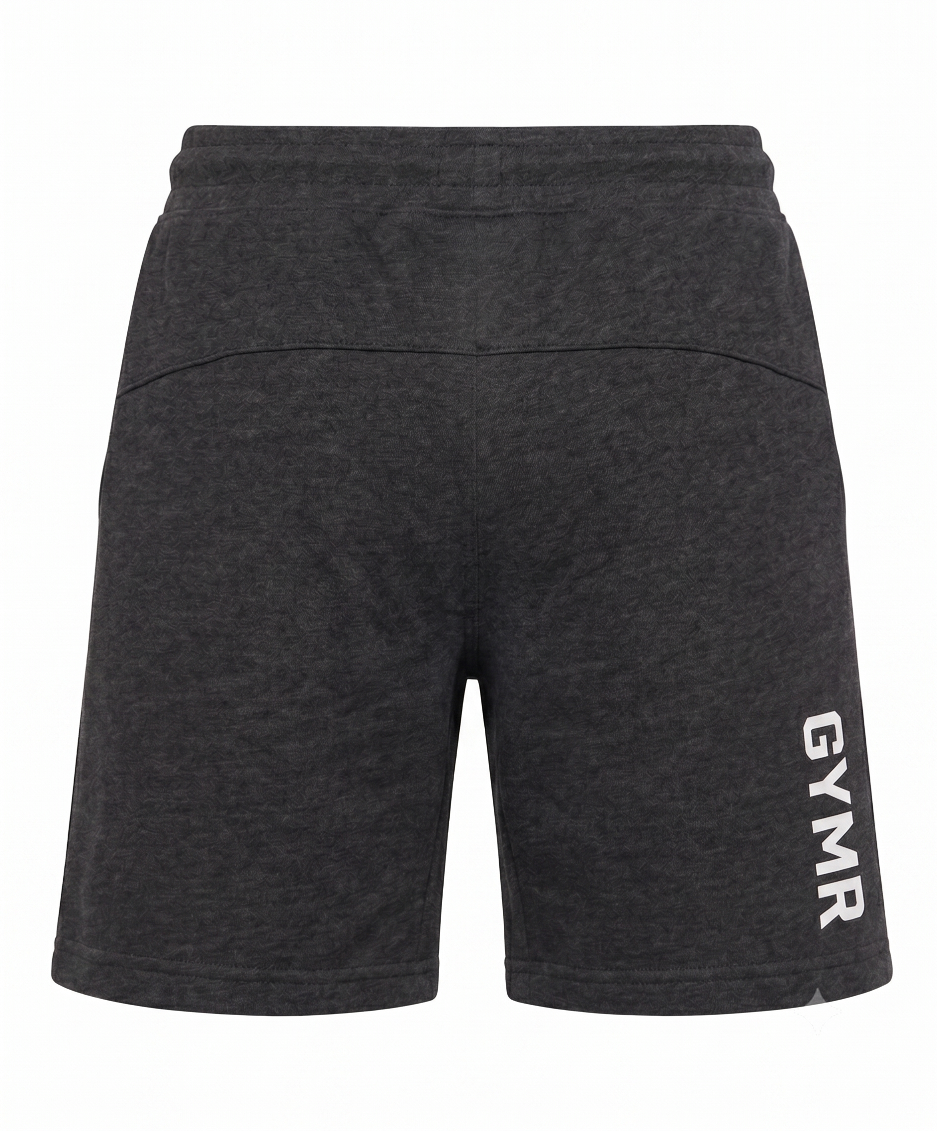 Black gym shorts with 'GYMR' branding on a white background
