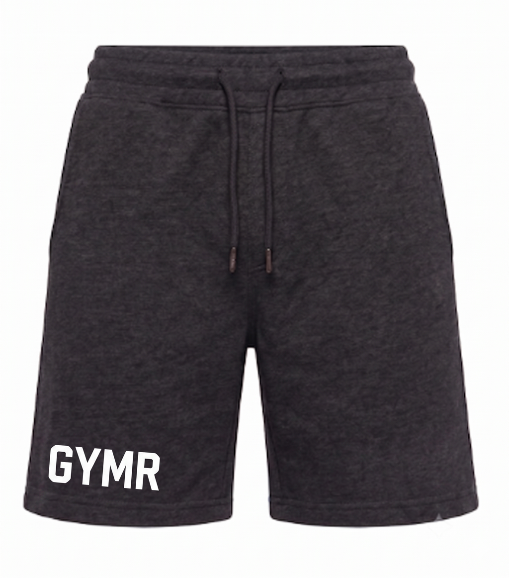 Black shorts with 'GYMR' text on a white background