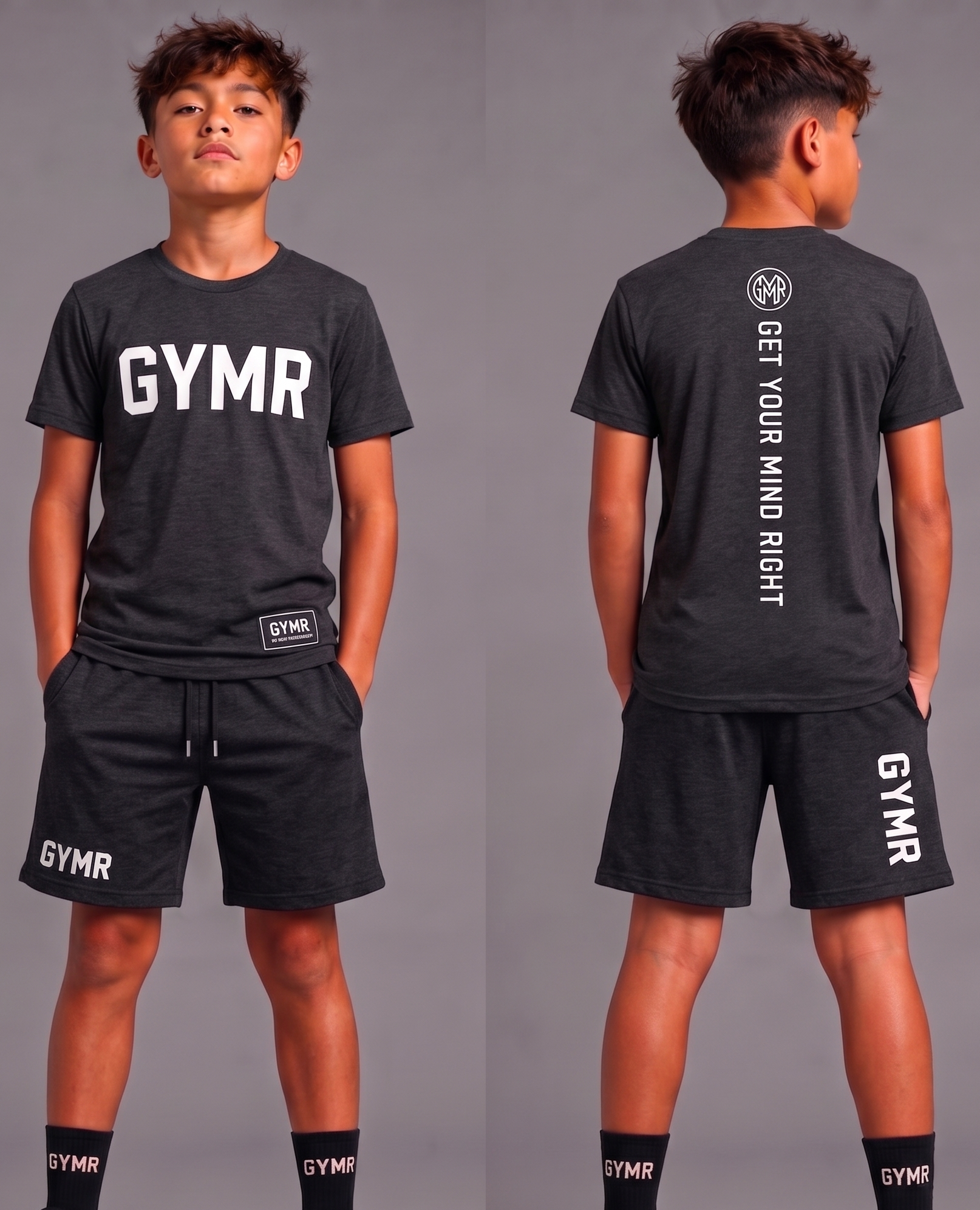 Child wearing a black 'GYMR' t-shirt and shorts set on a gray background