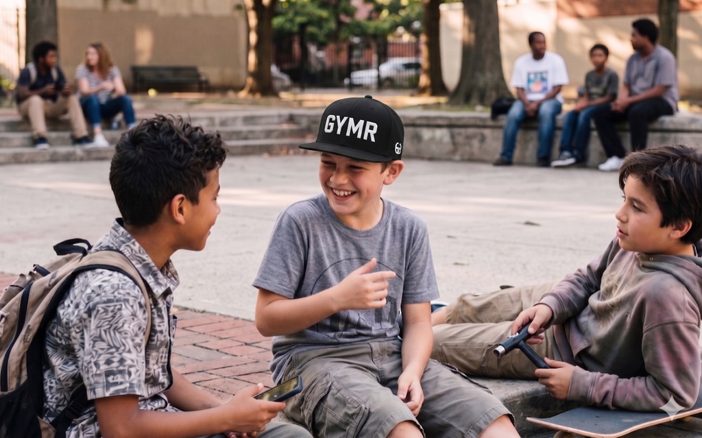 Lifestyle photo of three young boys hanging out and laughing together on an urban park sidewalk. The boy in the center is wearing a black GYMR snapback hat with bold white embroidered lettering, paired with a grey t-shirt and cargo shorts.
