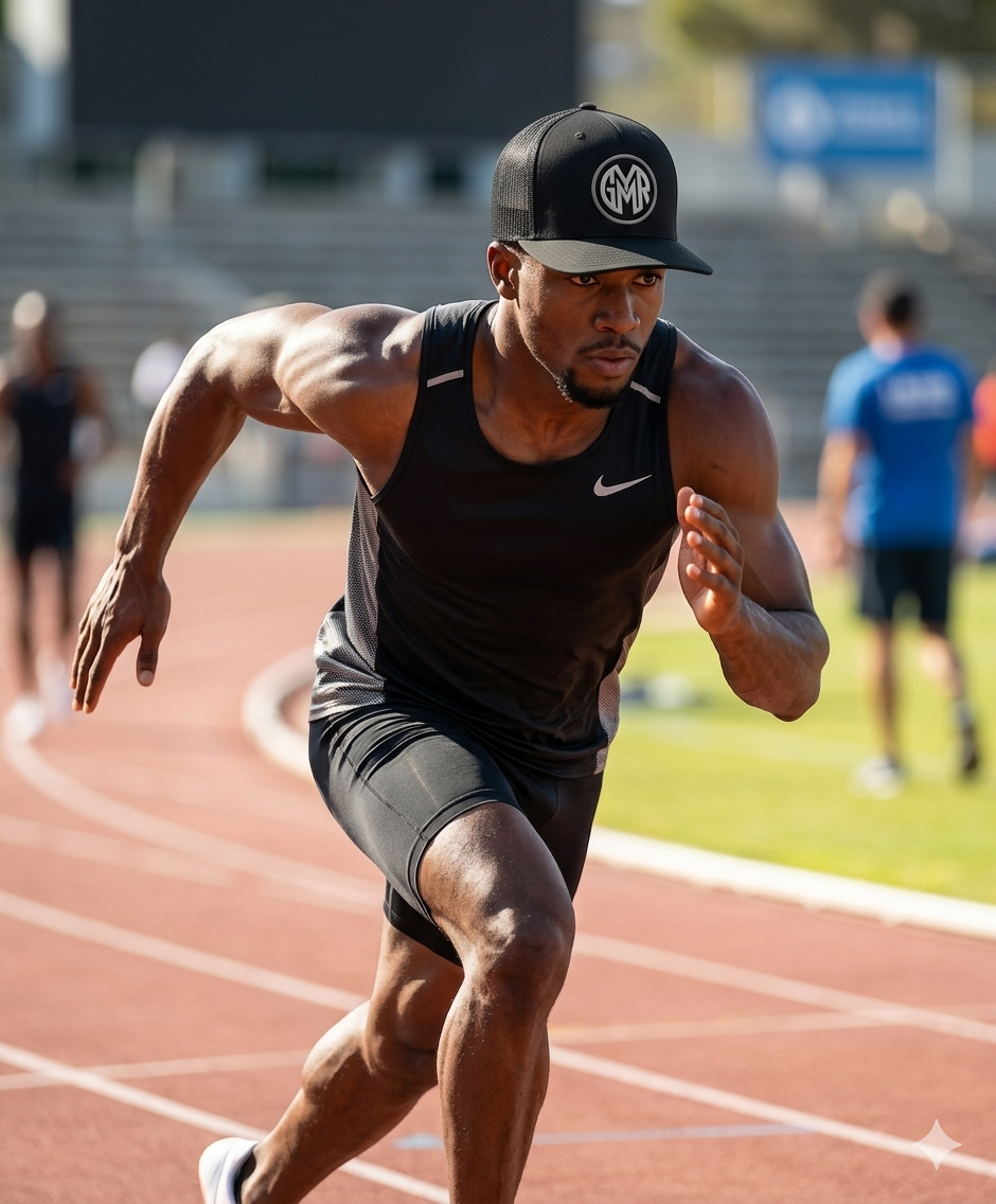 Athlete running on a track wearing a black GYMR cap and tank top.