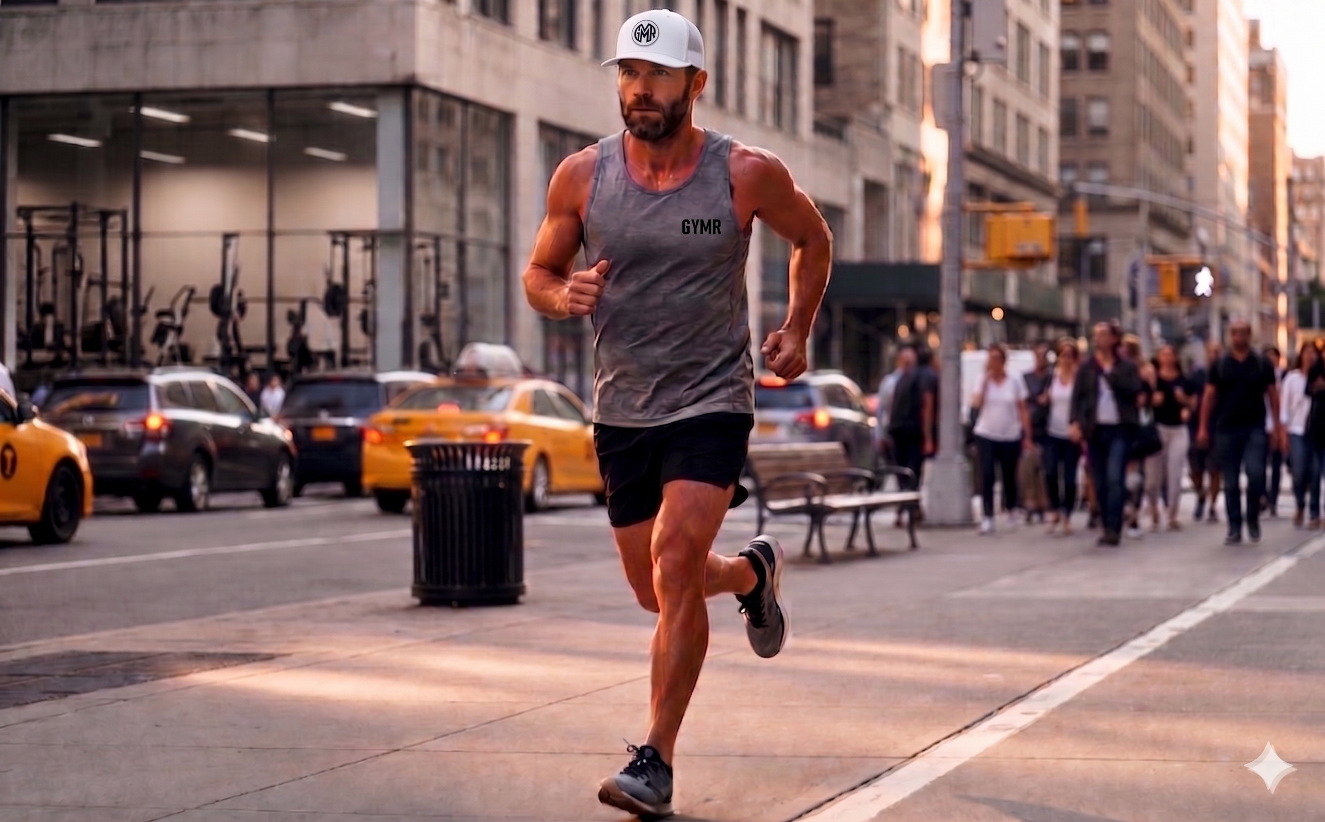 Man running on a city street with urban background and wearing a GYMR hat