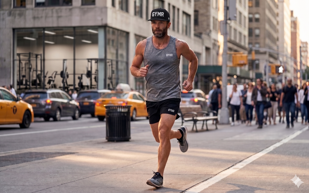 Action shot of a muscular man running down a busy city street at golden hour, wearing a grey tank top, black shorts, and a black structured GYMR snapback hat with bold white embroidered lettering.