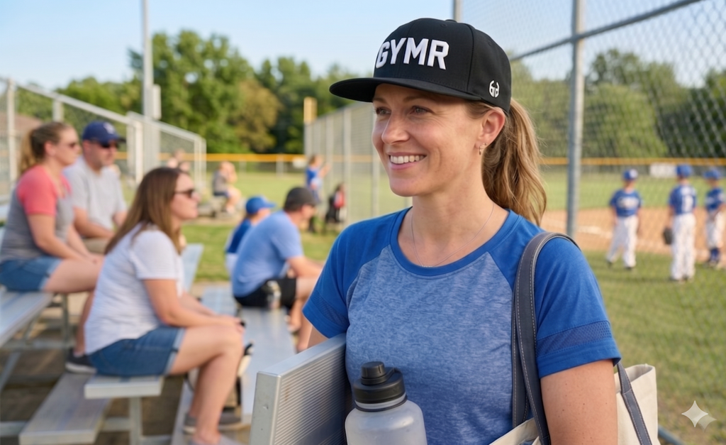 A close-up photograph of a smiling mom, viewed from a slightly low angle, wearing a structured black snapback hat at a youth baseball game. The hat has prominent, textured white embroidered block letters across the front that clearly read "GYMR" (similar to image_46.png, image_47.png). Her head is turned slightly to the left, looking up towards the field, framed against a bustling, out-of-focus background of bleachers filled with other people and green trees. The lighting is sunny and clear.