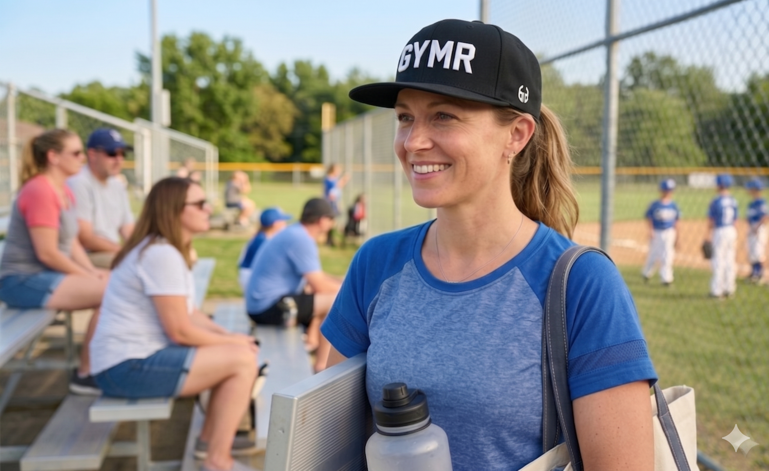A close-up photograph of a smiling mom, viewed from a slightly low angle, wearing a structured black snapback hat at a youth baseball game. The hat has prominent, textured white embroidered block letters across the front that clearly read "GYMR" (similar to image_46.png, image_47.png). Her head is turned slightly to the left, looking up towards the field, framed against a bustling, out-of-focus background of bleachers filled with other people and green trees. The lighting is sunny and clear.