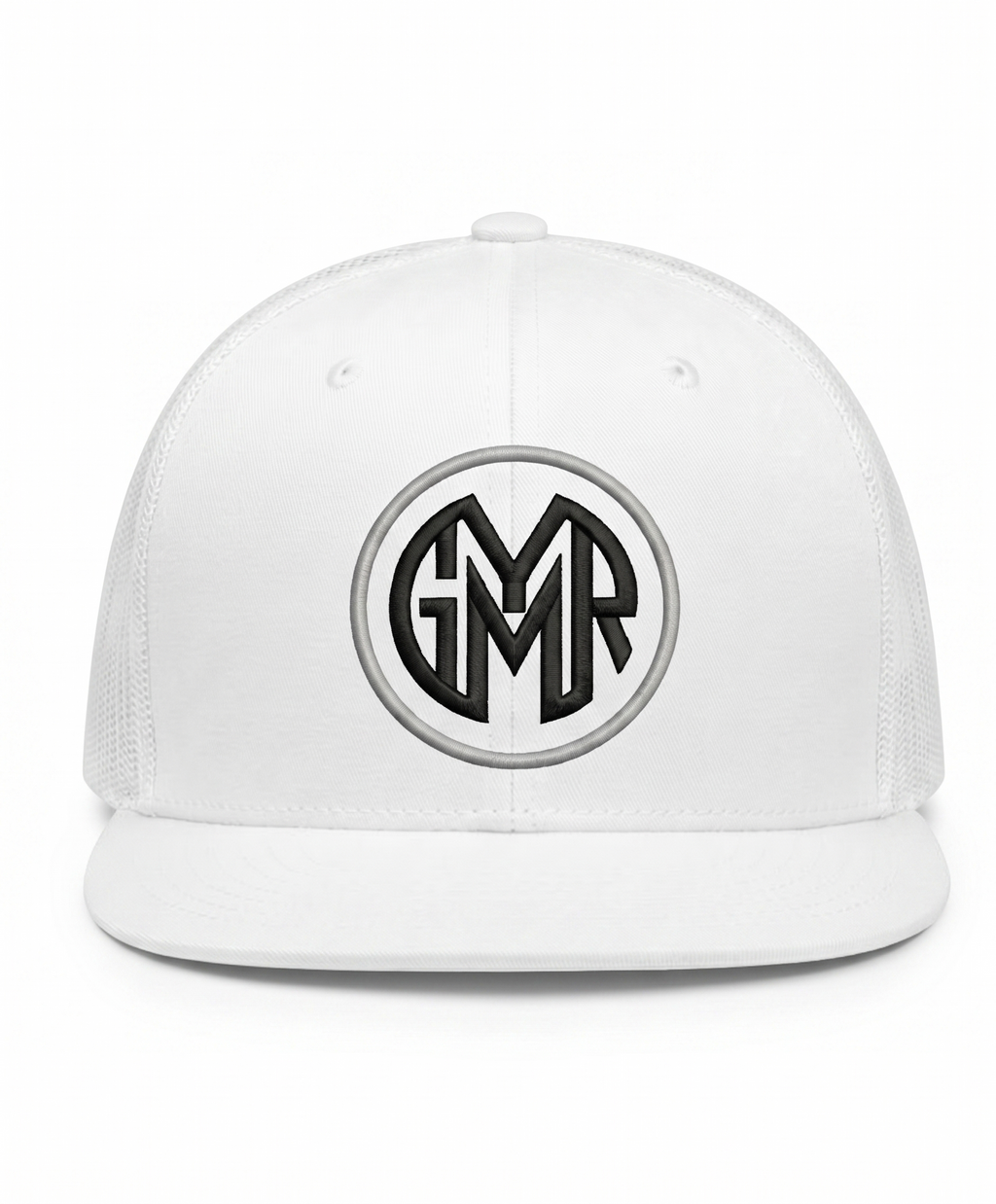 White cap with a GYMR logo on a white background