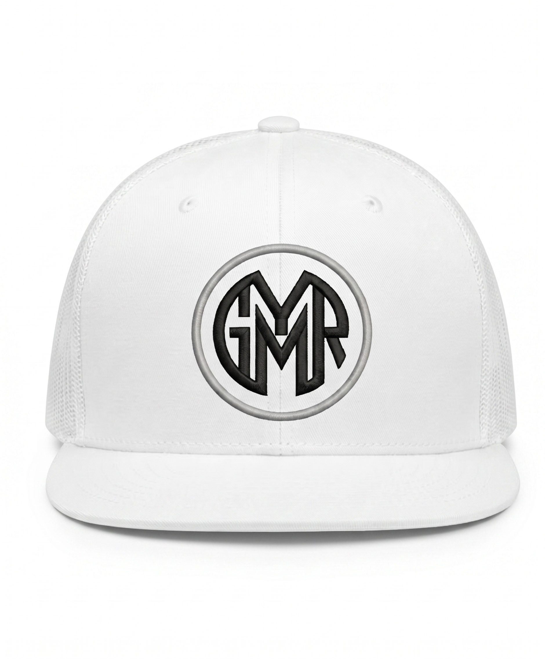 White cap with a GYMR logo on a white background