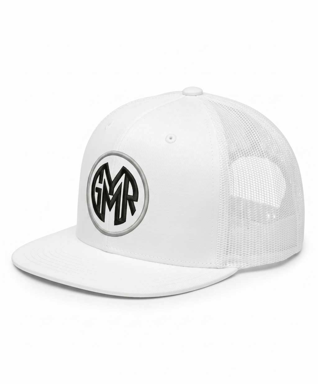 White trucker cap with a GYMR logo on a white background