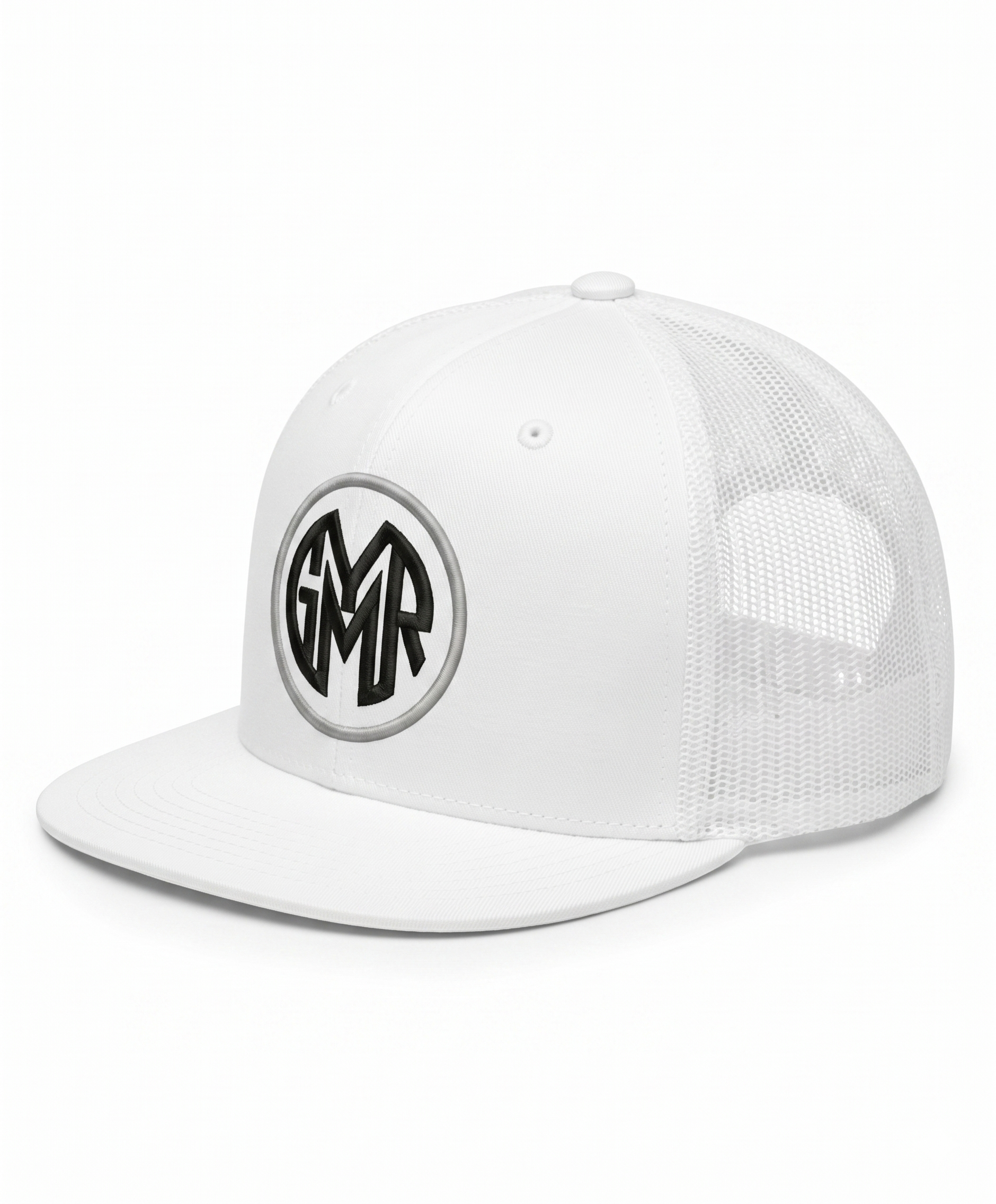 White trucker cap with a GYMR logo on a white background