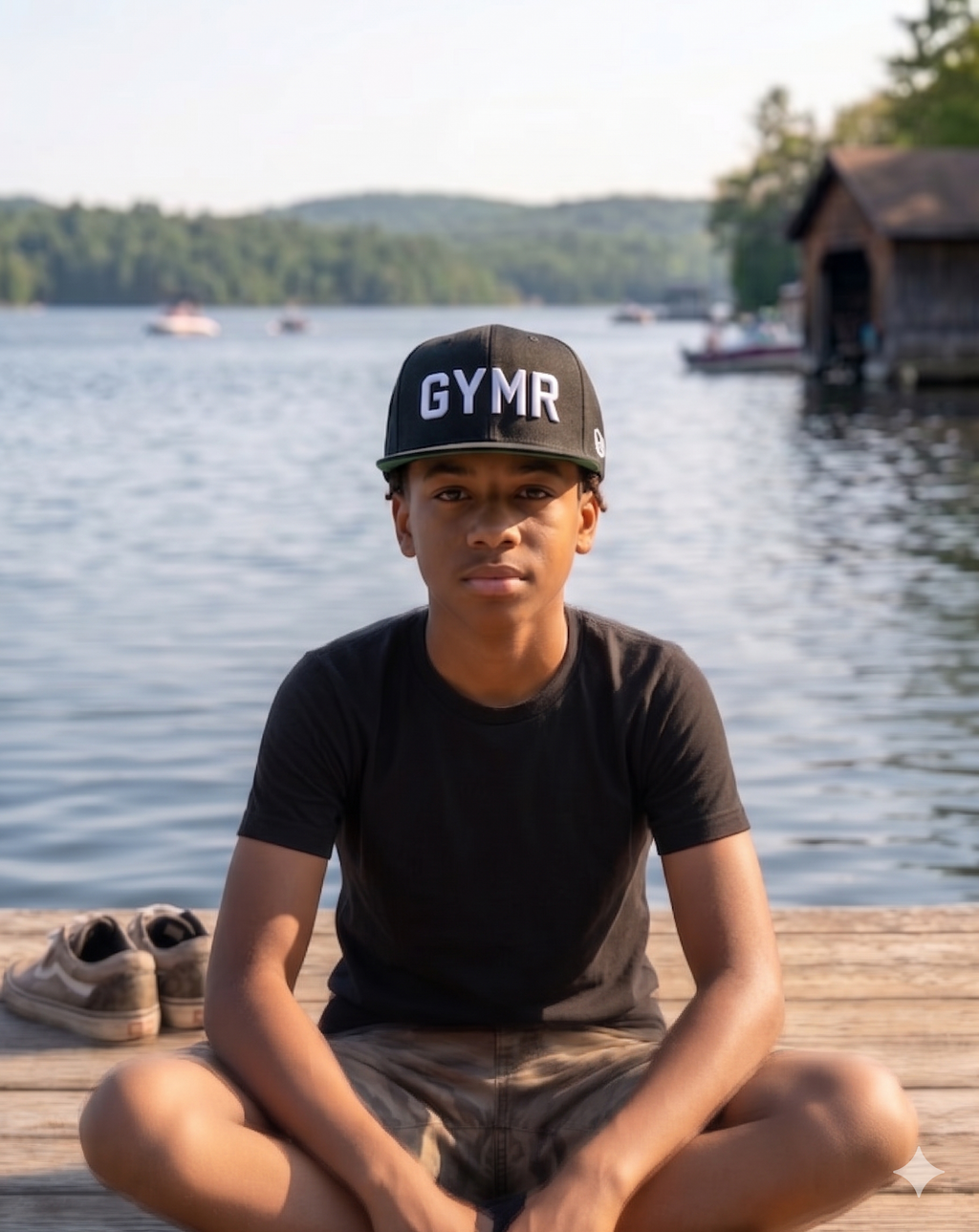 Front-facing portrait of a young boy sitting cross-legged on a wooden lake dock, looking forward while wearing a black GYMR snapback hat with crisp white embroidered lettering. A calm lake and green trees are visible in the background.
