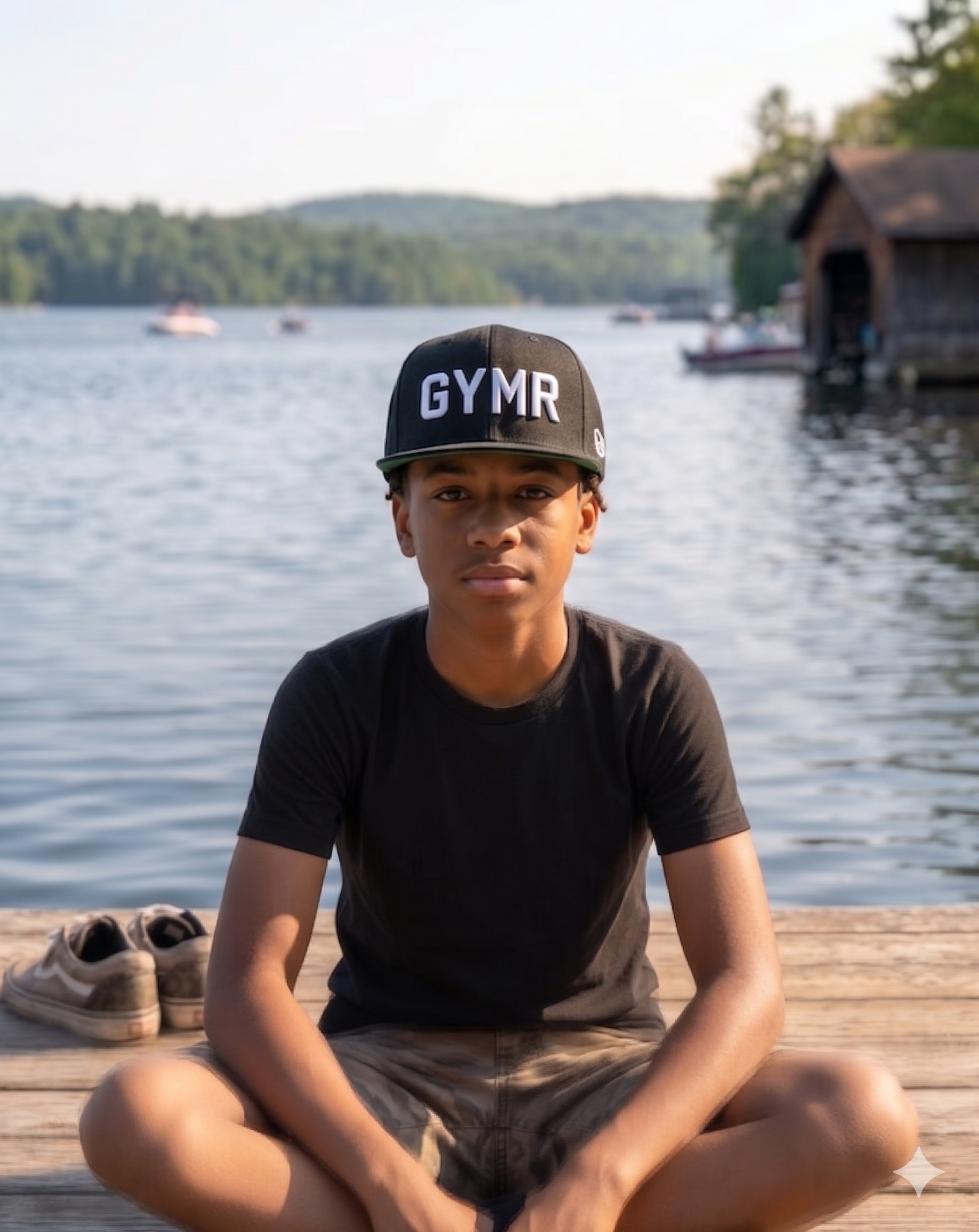 Front-facing portrait of a young boy sitting cross-legged on a wooden lake dock, looking forward while wearing a black GYMR snapback hat with crisp white embroidered lettering. A calm lake and green trees are visible in the background.